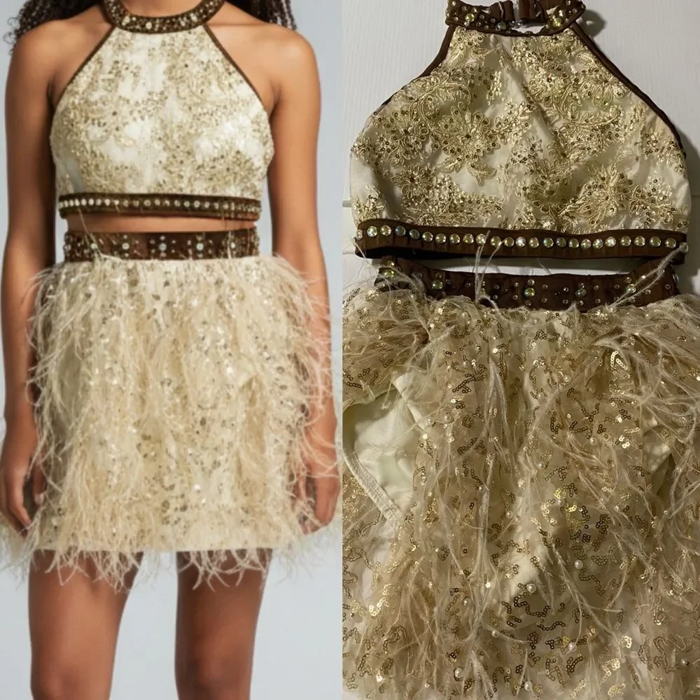 Glamour solo dance costume 2 piece cream tan feather embellished SA adult